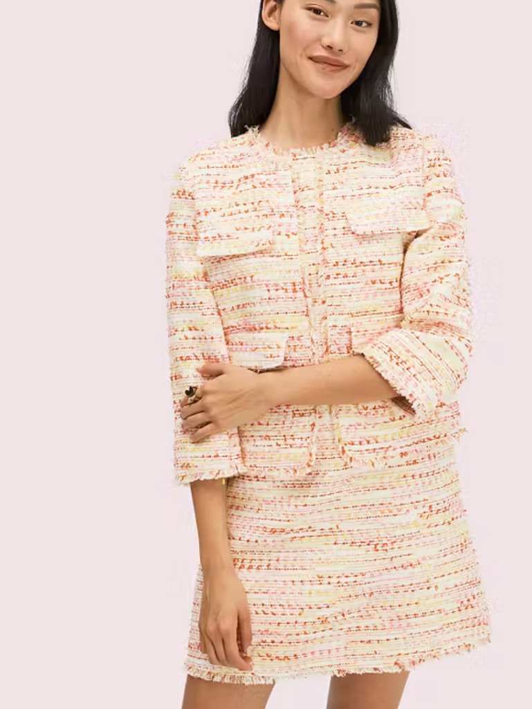 Kate Spade New York Paris Pink Multi Colored Tweed Lined Fringe Jacket Size 2